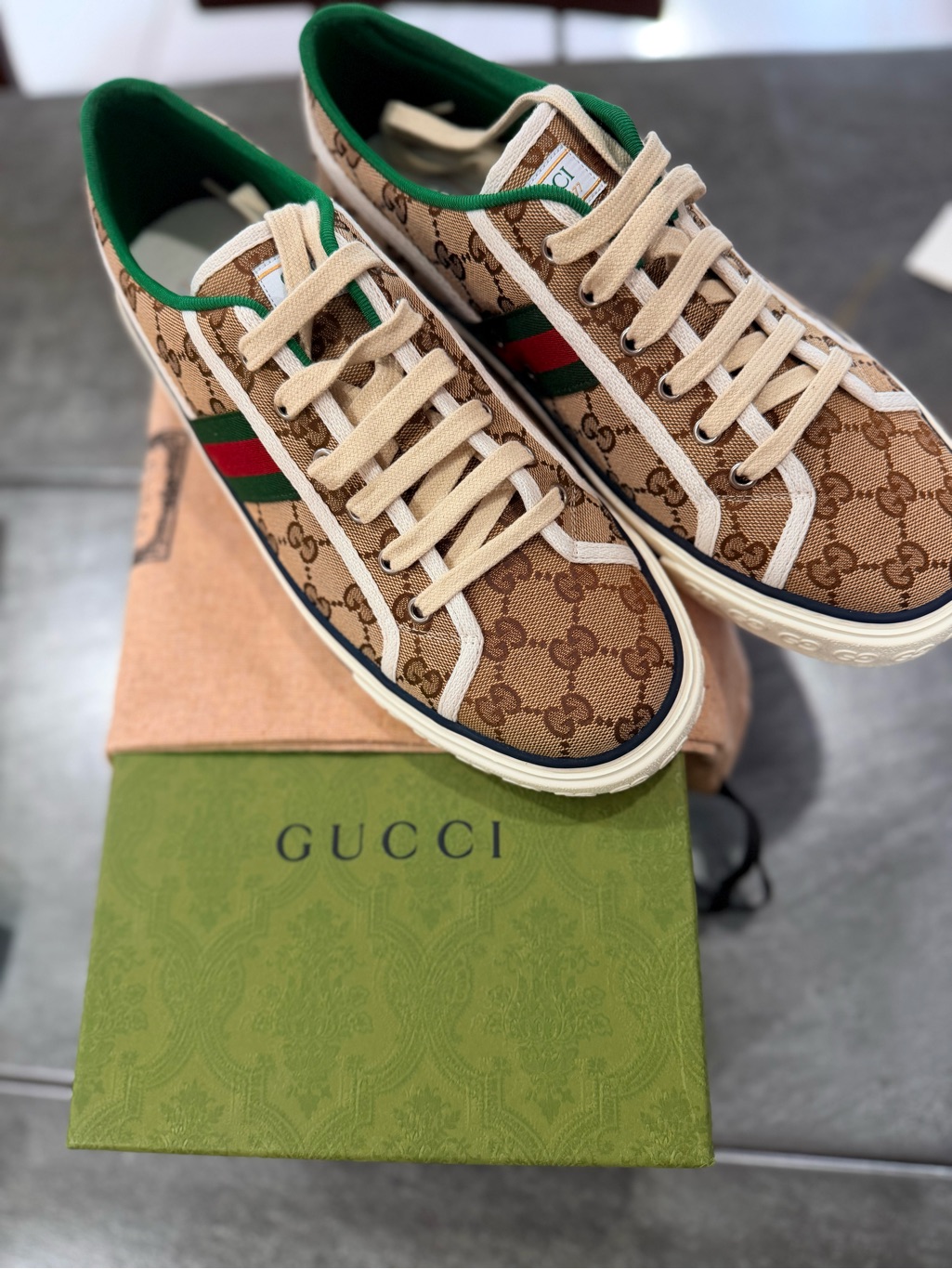 Gucci Brown Gg Canvas Low-Top Sneakers With Green And Red Web